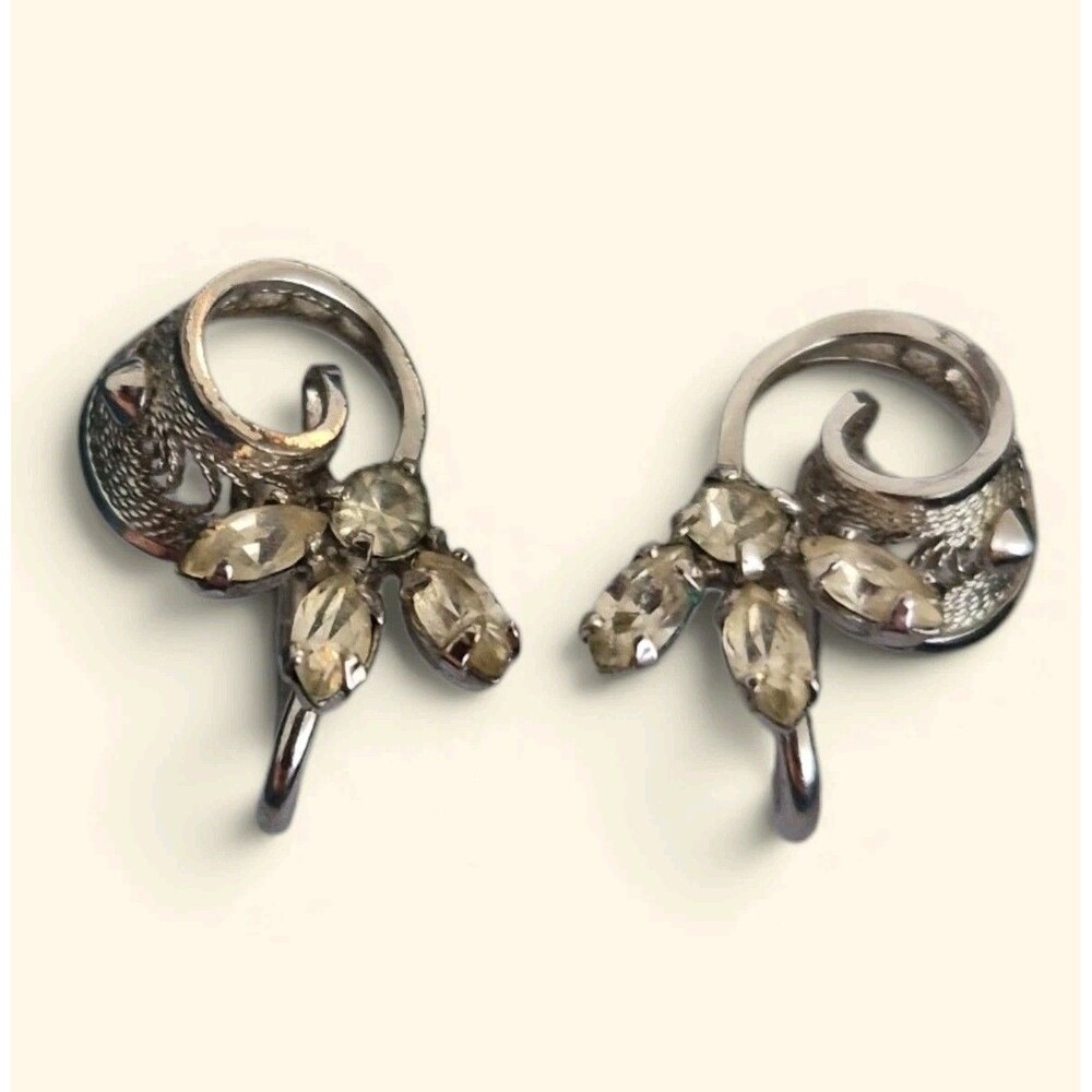 Vintage Am Lee Sterling Silver Screw-Back Earrings Filigree Crystal Stones